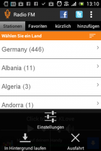 Screenshot: Radio FM App für Android - Optionen